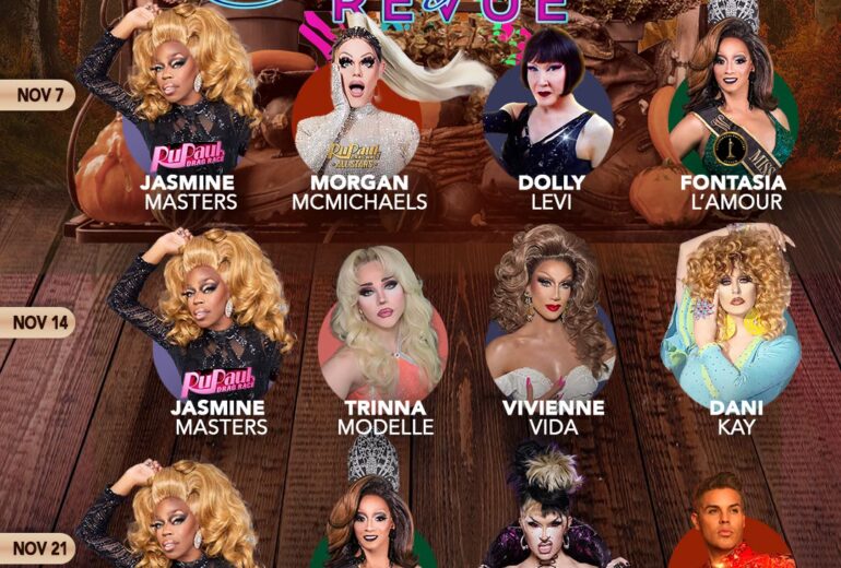 Promotional poster for Micky's West Hollywood 'Dreamgirls Revue' every Friday. Features engaging performers including Jasmine Masters and Morgan McMichaels among others, set against a vibrant fall-themed background with event details and a QR code for ticketing.