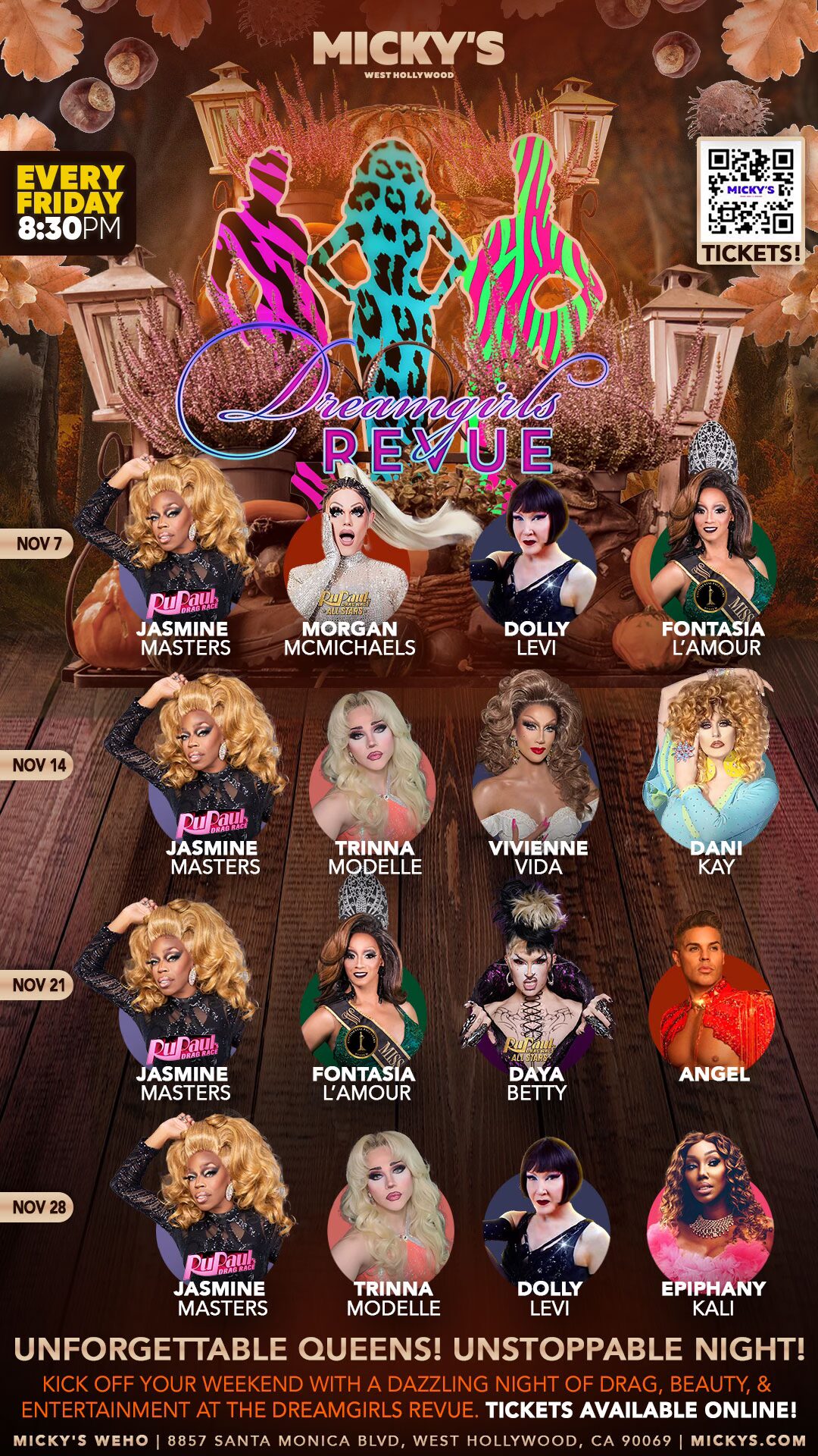 Promotional poster for Micky's West Hollywood 'Dreamgirls Revue' every Friday. Features engaging performers including Jasmine Masters and Morgan McMichaels among others, set against a vibrant fall-themed background with event details and a QR code for ticketing.