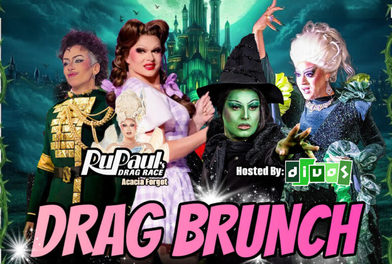 A promotional poster for 'Wicked Live Drag Brunch' at Micky’s West Hollywood, featuring drag performers Acacia Forgot, Redford Filth, and Malina Cockyx. The event is themed after the Broadway show 'Wicked,' showcased by the green and mystical cityscape background. Event details include the time at 1 PM on Saturday, January 3rd, and the address at 8857 Santa Monica Blvd, West Hollywood, CA 90069.