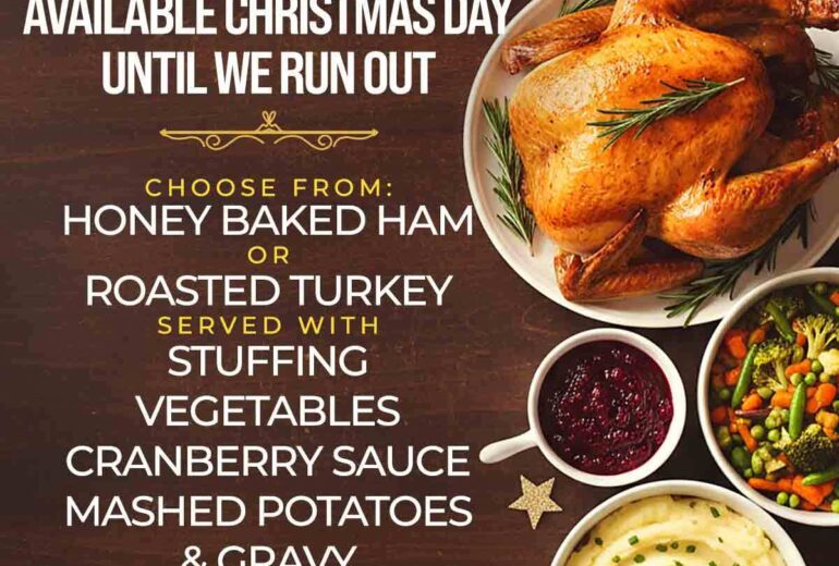 Promotional poster for a Holiday Dinner at Micky's West Hollywood includes images of a roasted turkey, honey baked ham, and various sides like vegetables, cranberry sauce, and mashed potatoes. Text highlights a $12 Christmas dinner special, $5 Wells and $9 Ketel happy hour until 8 PM, and a Latin dance party open till 2 AM. The event is on Christmas Day at 8857 Santa Monica Blvd, West Hollywood, CA 90069.