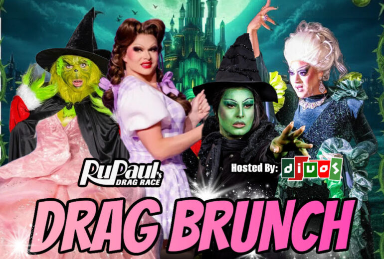 Promotional image for 'Wicked Live Drag Brunch' at Micky's WeHo featuring performers Acacia Forgot, Watson Side, and Malina Cockyx in Wicked-inspired costumes, with holiday decorations. The event is on Saturday, December 20th at 1 PM.