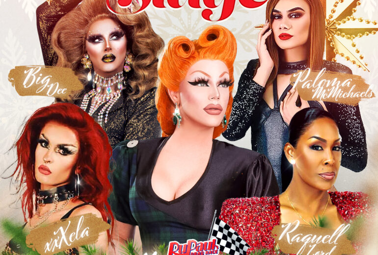 A festive promotional poster for 'Center Stage' at Micky's West Hollywood, featuring drag performers Big Dee, Paloma McMichaels, and Raquel Lord in glamorous holiday attire, surrounded by Christmas decorations. Event details state it occurs on Saturday, December 13th at 8 PM at 8857 Santa Monica Blvd.