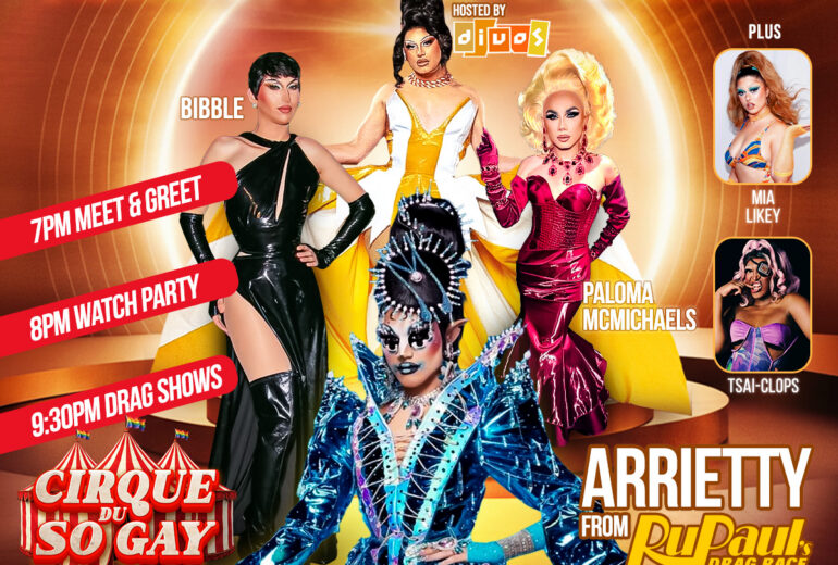 Event flyer for Divos and Micky's West Hollywood RuPaul's Drag Race Viewing Party & Aftershow on Friday, March 6th. Meet & greet at 7PM, Watch Party at 8PM, Drag Shows at 9:30PM featuring Cirque du So Gay. Performers include Arrietty from RuPaul's Drag Race, Bibble, Paloma McMichaels, Mia Likey, and Tsai-Clops, hosted by Divos. Located at 8857 Santa Monica Blvd, West Hollywood, CA 90069. Reservations at mickys.com.