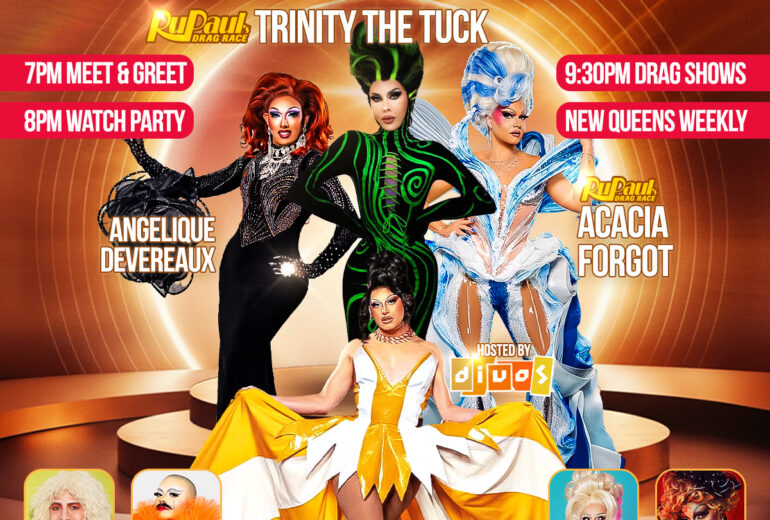 Promotional poster for 'RuPaul's Drag Race Viewing Party' at Micky's West Hollywood. Features Trinity the Tuck hosting, with performers Angelique Devereaux, Acacia Forgot, Watson Side, Z, Jem, and Nairobi Royale in dynamic drag attire. Event details include Meet & Greet at 7 PM, Viewing Party at 8 PM, and Drag Shows at 9:30 PM on January 9th, framed by vibrant design elements.