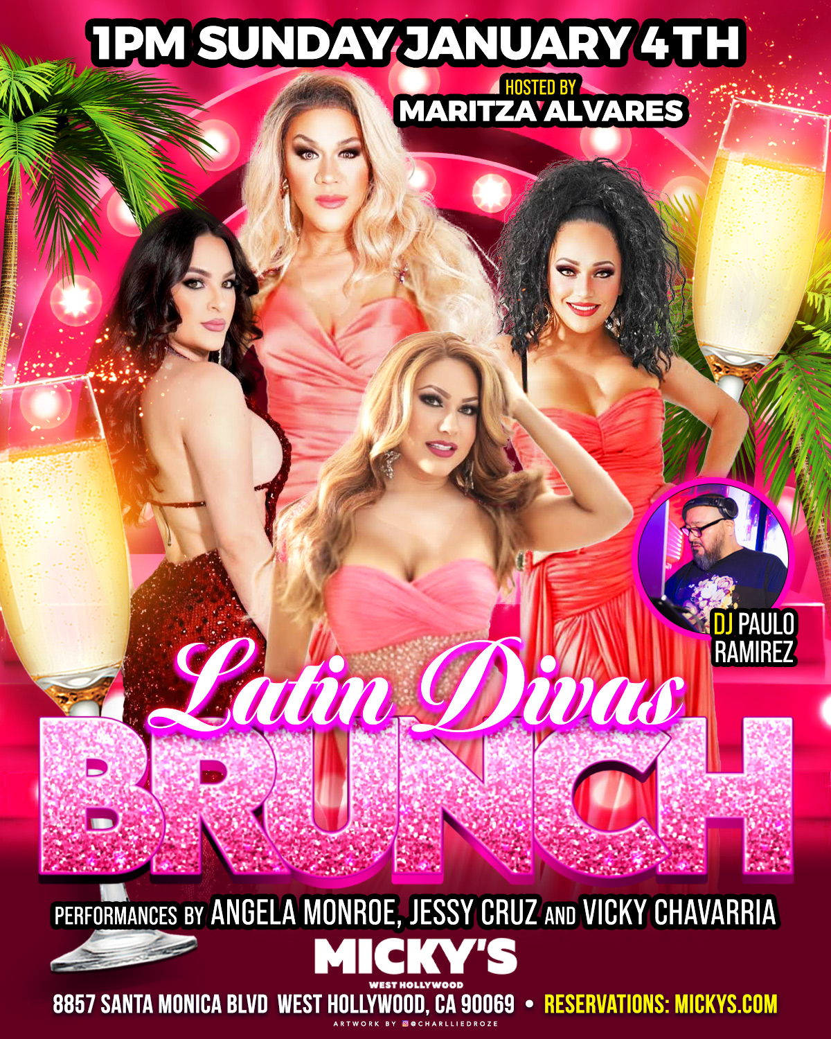 Promotional poster for 'Latin Divas Brunch' at Micky's West Hollywood, featuring Maritza Alvares hosting, with vibrant images of Angela Monroe, Jessy Cruz, and Vicky Chavarria. The event includes DJ Paulo Ramirez and is set against a festive background with palm trees and sparkling champagne glasses. Event details include the date Sunday, January 4th at 1 PM, located at 8857 Santa Monica Blvd.