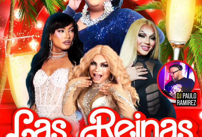 Promotional poster for 'Las Reinas Latin Drag Brunch' at Micky's West Hollywood, showcasing Robbie Osa, Mariana, La Chiquis, and Hunnie Bunz in vibrant drag attire, with a backdrop of palm trees and sparkles. The event details are for Sunday, December 14th at 1PM, located at 8857 Santa Monica Blvd, West Hollywood, CA.