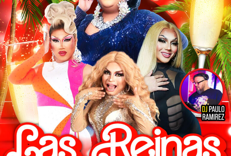 A vibrant promotional poster for 'Las Reinas Latin Drag Brunch' at Micky’s West Hollywood. The event is hosted by Robbie Osa with DJ Paulo Ramirez and features drag performers Natasha Hundreds, La Chiquis, and Hunnie Bunz. The background has festive elements with shots of drinks and a festive atmosphere, scheduled for 1 PM Sunday, December 28th.