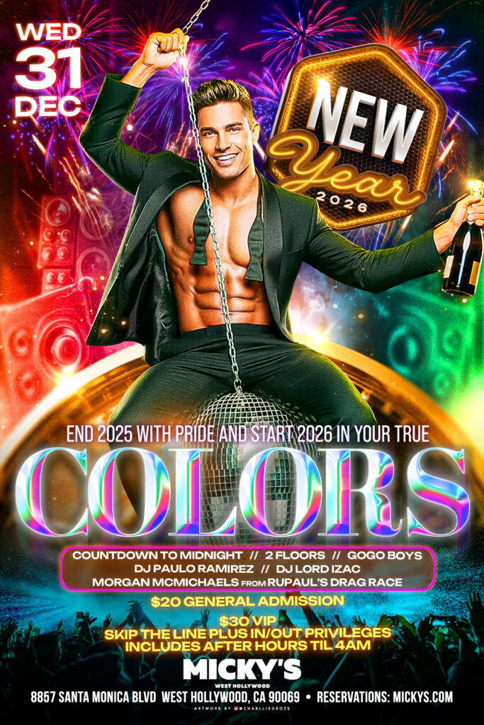 New Year’s Eve promotional poster for 'End 2025 with Pride and Start 2026' at Micky’s West Hollywood. Features a stylish man holding a champagne bottle with fireworks background. Event includes DJ Paulo Ramirez, DJ Lord Izac, and Morgan McMichaels, with tickets priced at $20 general and $30 VIP.