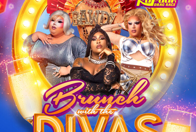 Promotional poster for 'Brunch with the Divas' at Micky’s West Hollywood, showcasing drag performers in vibrant outfits. The event on December 6th features host Porshaa LeJayy and special guests Beetrix Kiddo and Kiko, with extra special guest A'keria C. Davenport from RuPaul’s Drag Race, along with a backdrop of sparkling lights and champagne glasses.