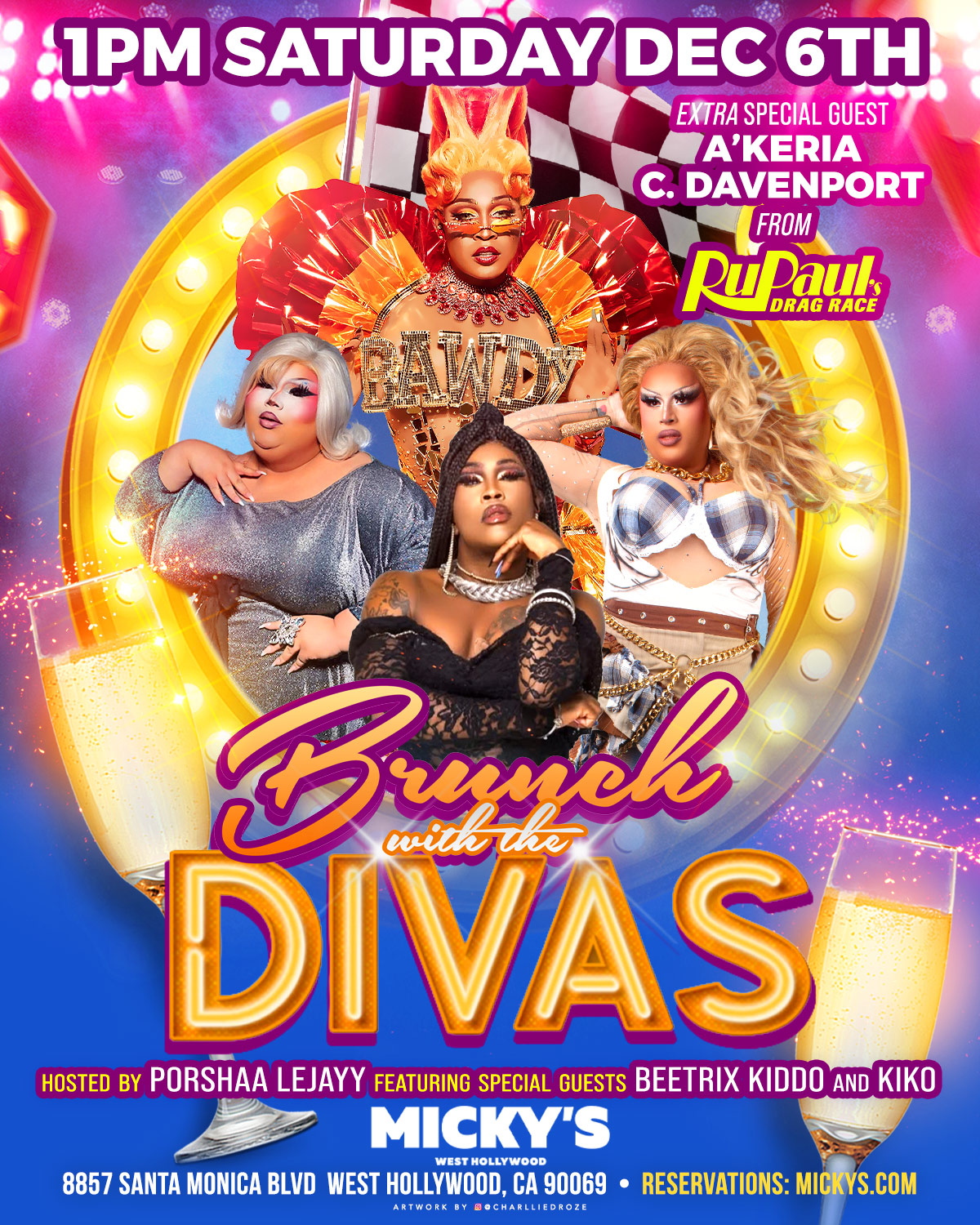 Promotional poster for 'Brunch with the Divas' at Micky’s West Hollywood, showcasing drag performers in vibrant outfits. The event on December 6th features host Porshaa LeJayy and special guests Beetrix Kiddo and Kiko, with extra special guest A'keria C. Davenport from RuPaul’s Drag Race, along with a backdrop of sparkling lights and champagne glasses.