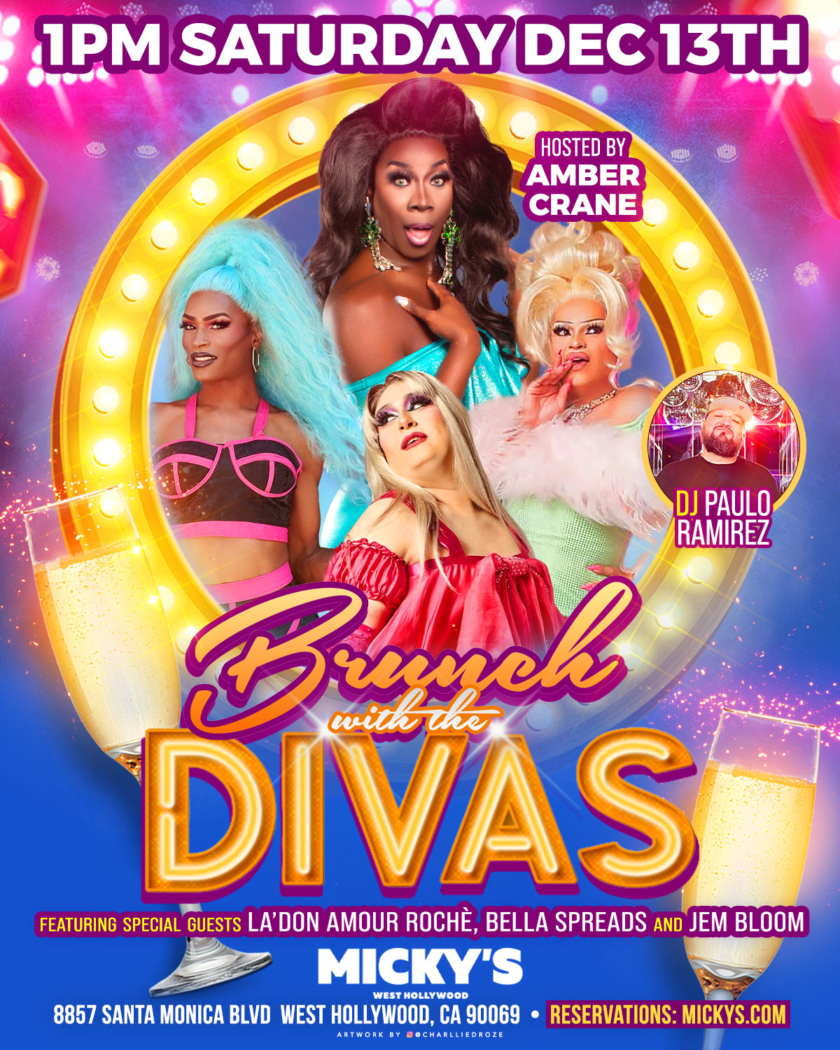 Promotional poster for 'Brunch with the Divas' at Micky's West Hollywood. Features Amber Crane, with La'Don Amour Roche, Bella Spreads, and Jem Bloom in vibrant, colorful attire. DJ Paulo Ramirez also featured. Event on December 13th, 1 PM at 8857 Santa Monica Blvd. Poster includes images of brunch drinks and bright, lively colors.