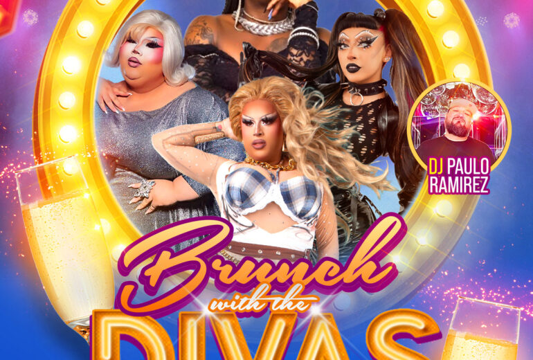 Promotional poster for 'Brunch with the Divas' event at Micky's West Hollywood with event details, images of four vibrant drag performers in glamorous outfits, and DJ Paulo Ramirez. Held on Saturday, December 27th at 1 PM, featuring special guests Beetrix Kiddo, Kiko, and Sabbyiana.