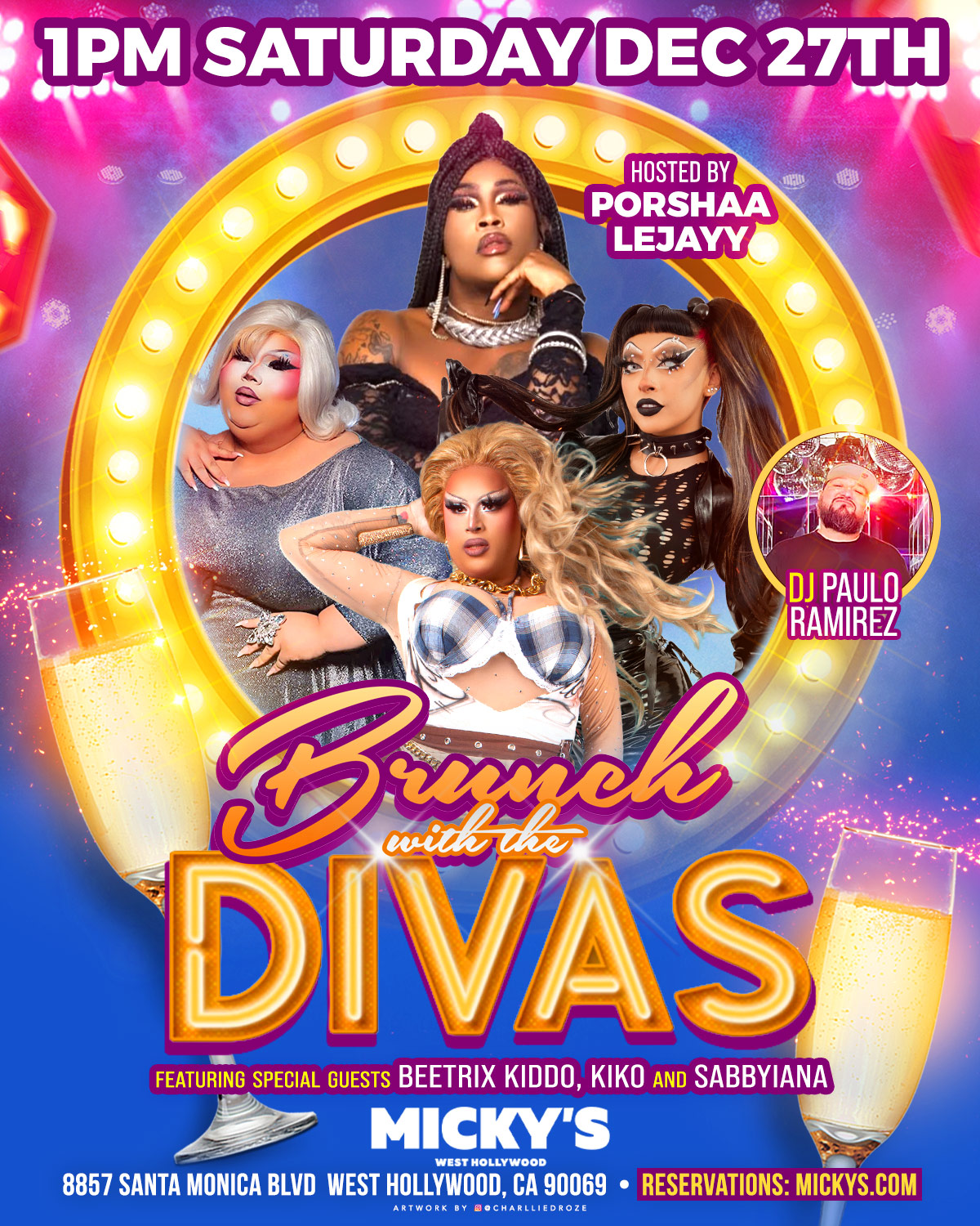 Promotional poster for 'Brunch with the Divas' event at Micky's West Hollywood with event details, images of four vibrant drag performers in glamorous outfits, and DJ Paulo Ramirez. Held on Saturday, December 27th at 1 PM, featuring special guests Beetrix Kiddo, Kiko, and Sabbyiana.