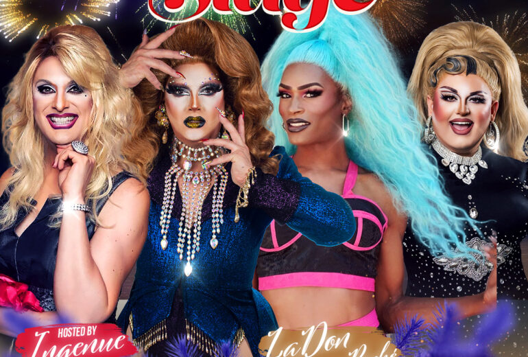 A vibrant promotional image for 'Center Stage' at Micky's West Hollywood, showcasing drag performers Ingenue, LaDon Amour Roche, BigDee, and Jenny Tonic against a backdrop of fireworks. Hosted by Ingenue, the event takes place at 8 PM on Saturday, December 27th, at Micky’s, located at 8857 Santa Monica Blvd, West Hollywood, CA. The poster features bold text and a festive, celebratory design.