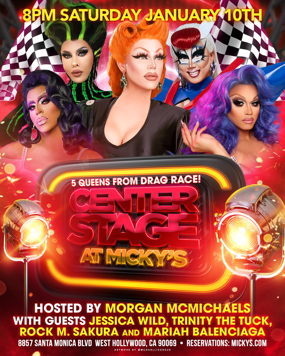 Promotional poster for 'Center Stage at Micky's' on January 10th at 8 PM, featuring drag queens Jessica Wild, Trinity The Tuck, Rock M. Sakura, and Mariah Balenciaga in vibrant costumes, hosted by Morgan McMichaels at Micky's West Hollywood, located at 8857 Santa Monica Blvd.