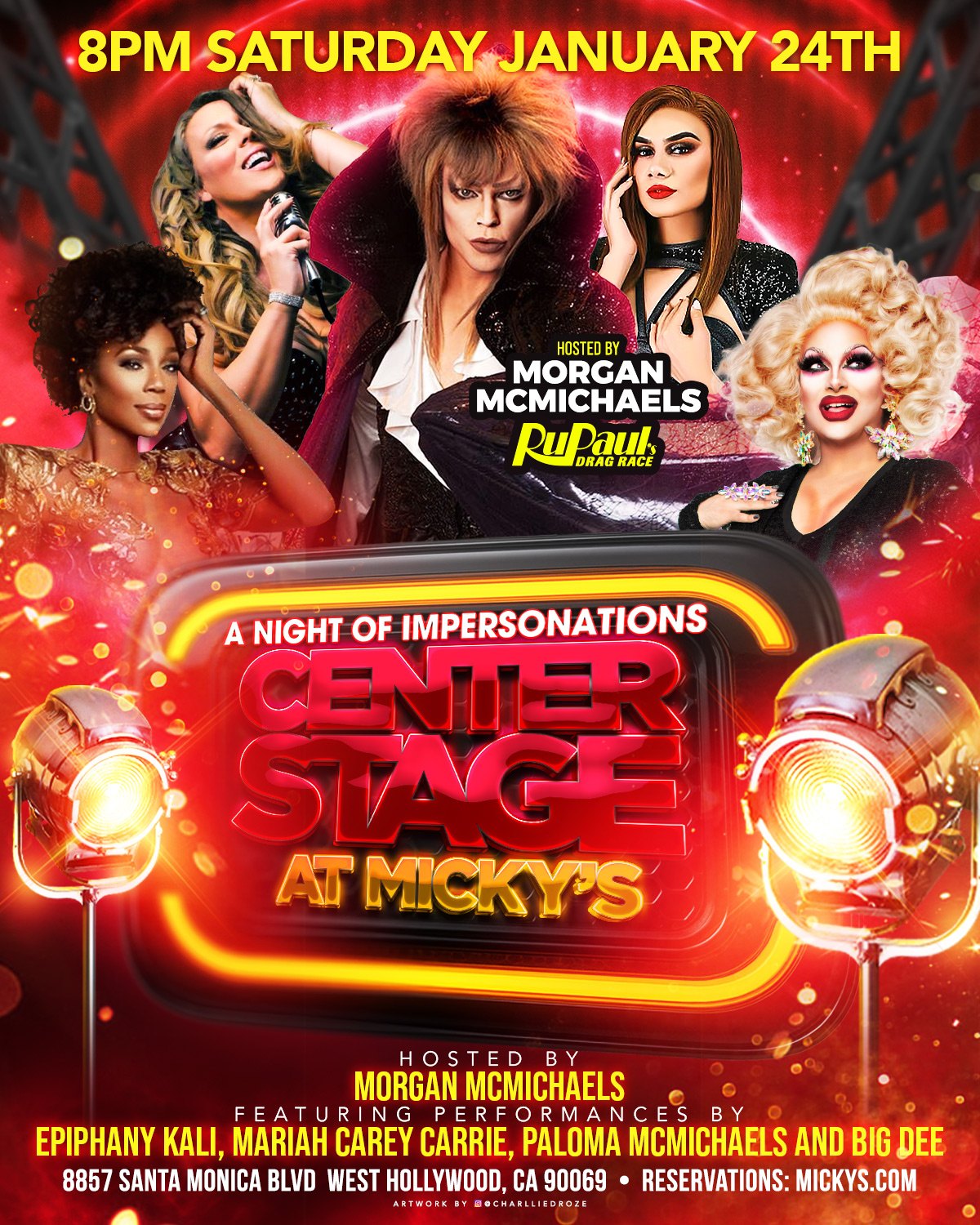 A captivating event poster for 'Center Stage at Micky’s West Hollywood', featuring a montage of performers impersonating iconic figures. Hosted by Morgan McMichaels on January 24th at 8 PM. Performances by Epiphany Kali, Mariah Carey Carrie, Paloma McMichaels, and Big Dee. Located at 8857 Santa Monica Blvd, West Hollywood, CA 90069.