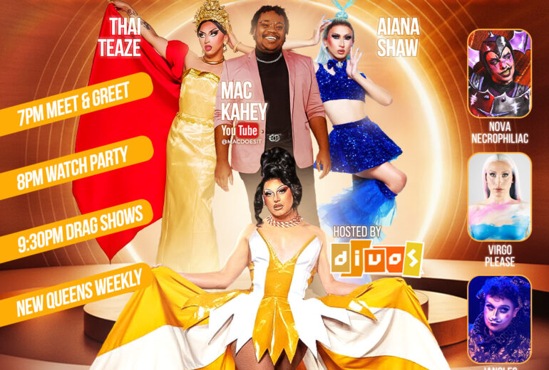 Promotional poster for 'RuPaul's Drag Race Viewing Party and Aftershow' at Micky's West Hollywood featuring performers and hosts. Event on January 16th includes a meet and greet at 7 PM, viewing at 8 PM, followed by drag shows at 9:30 PM. Colorful and festive theme with drag queens in vibrant costumes.