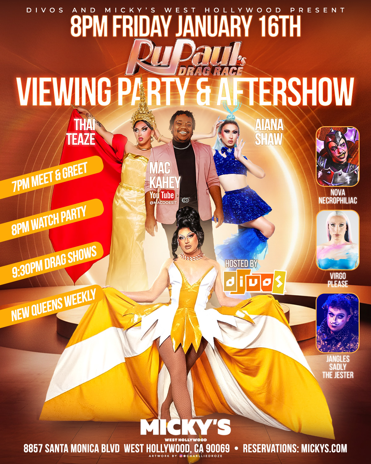 Promotional poster for 'RuPaul's Drag Race Viewing Party and Aftershow' at Micky's West Hollywood featuring performers and hosts. Event on January 16th includes a meet and greet at 7 PM, viewing at 8 PM, followed by drag shows at 9:30 PM. Colorful and festive theme with drag queens in vibrant costumes.