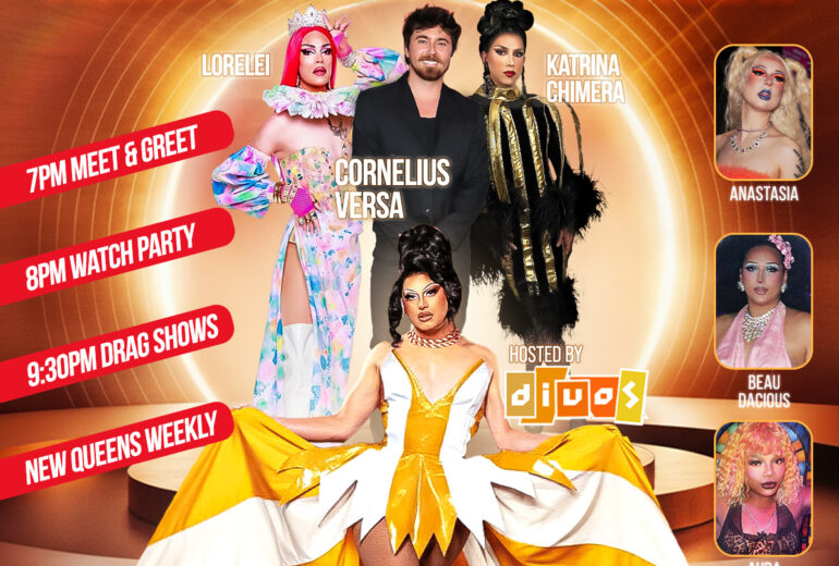 Promotional poster for the RuPaul Drag Race Viewing Party at Micky’s West Hollywood on January 23rd, showcasing a glamorous drag queen in a striking yellow and white gown, with featured guests including Lorelei, Cornelius Versa, Katrina Chimera, and Anastasia. Details: 7 PM Meet & Greet, 8 PM Watch Party, and 9:30 PM Drag Shows.