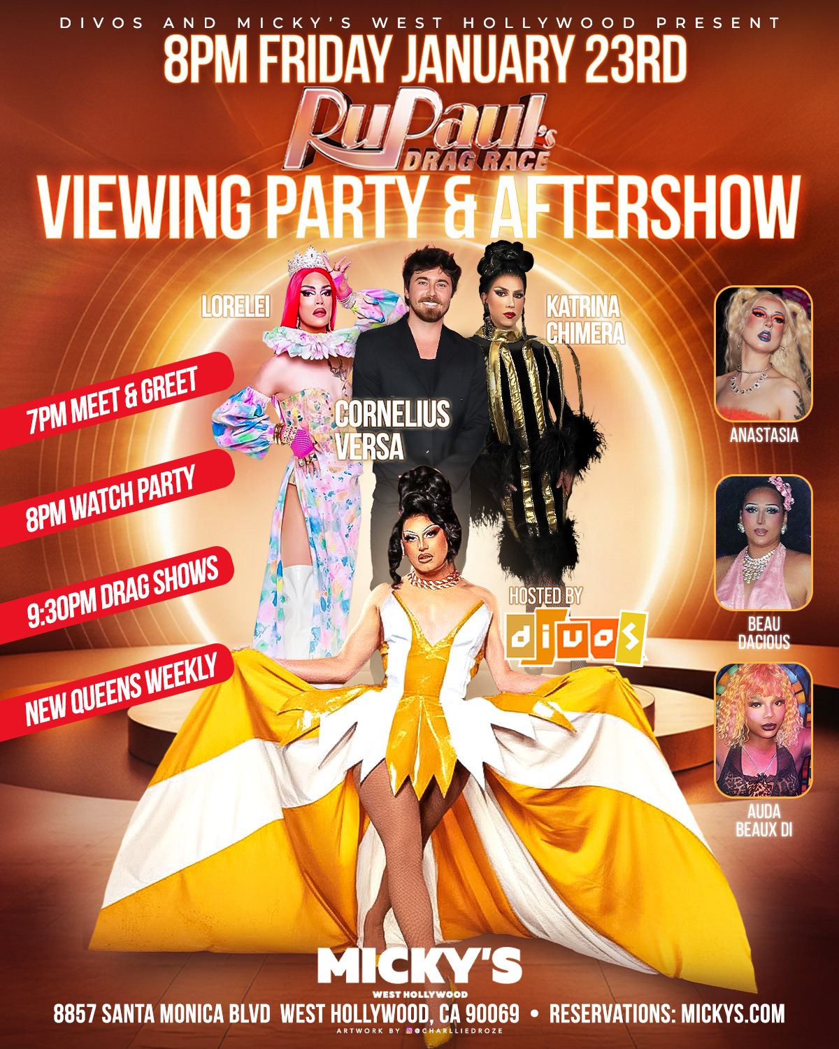 Promotional poster for the RuPaul Drag Race Viewing Party at Micky’s West Hollywood on January 23rd, showcasing a glamorous drag queen in a striking yellow and white gown, with featured guests including Lorelei, Cornelius Versa, Katrina Chimera, and Anastasia. Details: 7 PM Meet & Greet, 8 PM Watch Party, and 9:30 PM Drag Shows.