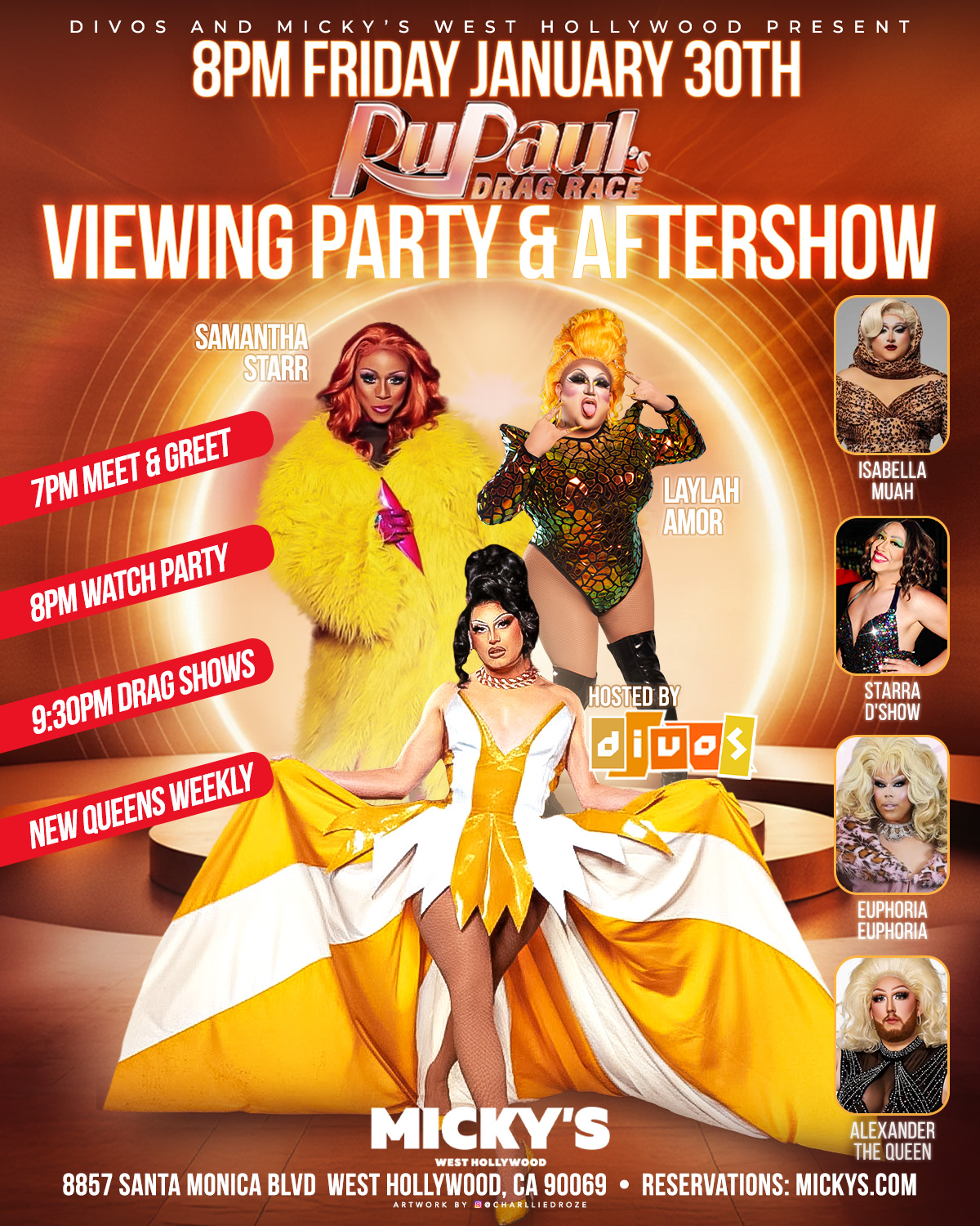 A vibrant promotional poster for RuPaul’s Drag Race Viewing Party & Aftershow at Micky’s West Hollywood. The design features warm gold and orange tones with multiple drag performers in glamorous outfits. Text highlights a 7 PM meet and greet, 8 PM viewing party, and 9:30 PM drag shows on Friday, January 30th, with performer names displayed along the sides and Micky’s WeHo branding at the bottom.