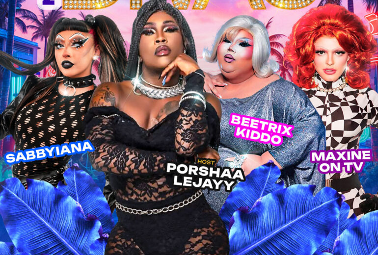 A vibrant promotional poster for 'Brunch with the Divas' at Micky's West Hollywood, featuring the hosts Sabbyiana, Beetrix Kiddo, and Maxine on TV, with Porshaa LeJayy. Highlighting bottomless mimosas, and DJ Paulo Ramirez. Event on January 24 at 1 PM, perfect for group celebrations.