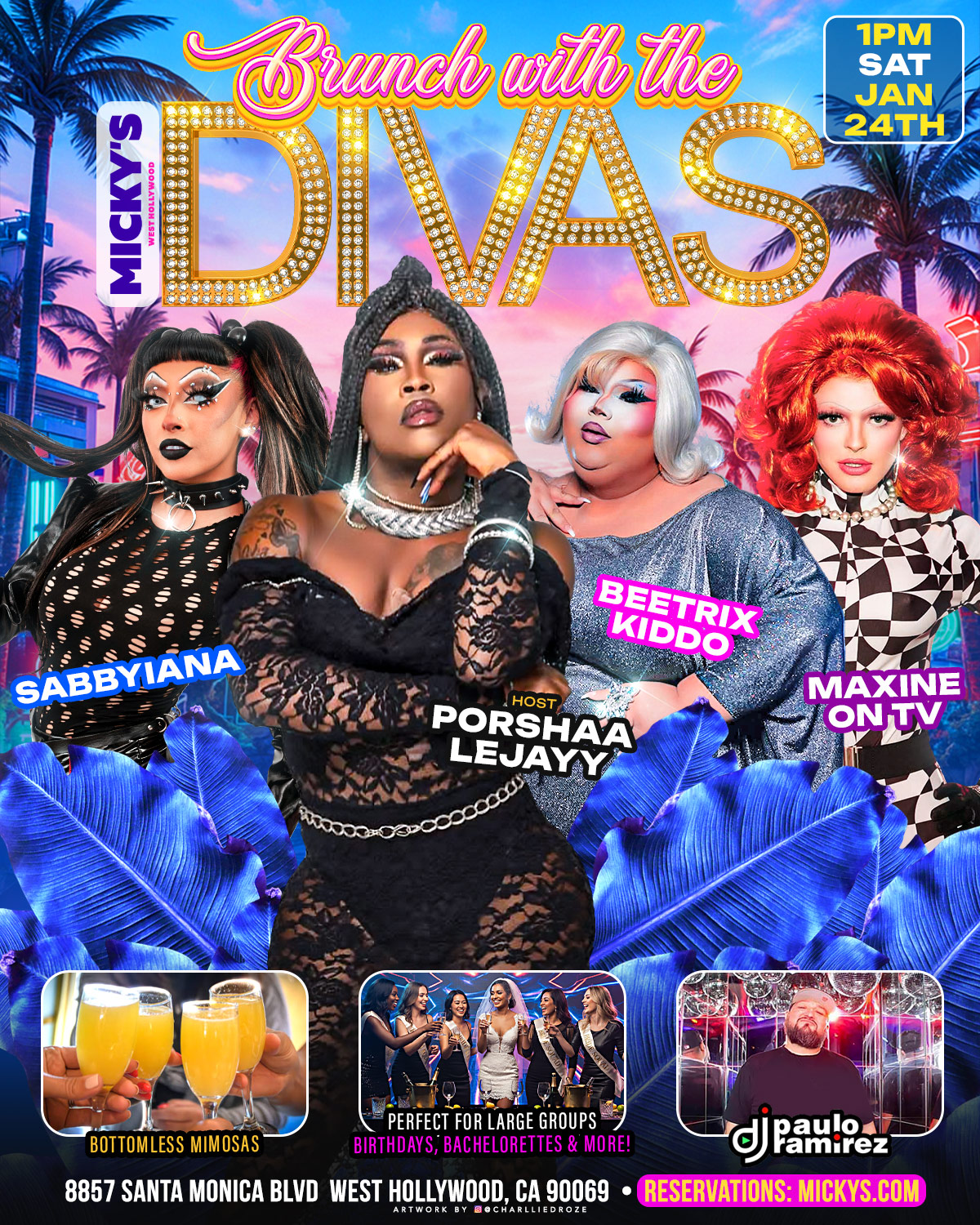 A vibrant promotional poster for 'Brunch with the Divas' at Micky's West Hollywood, featuring the hosts Sabbyiana, Beetrix Kiddo, and Maxine on TV, with Porshaa LeJayy. Highlighting bottomless mimosas, and DJ Paulo Ramirez. Event on January 24 at 1 PM, perfect for group celebrations.
