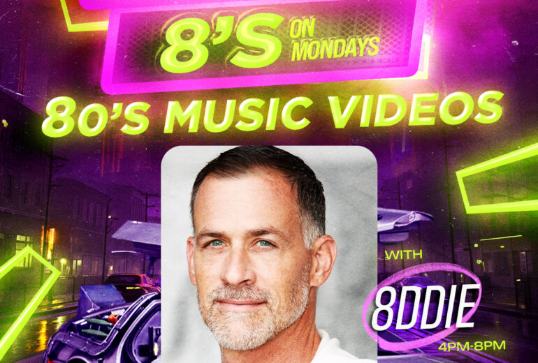 A vibrant poster for 'We've Gone Crazy 8's: 80's Music Videos Night' at Micky’s West Hollywood, featuring neon-lit 80's themes with images of a DeLorean car and rainy streets. Event hosted by Eddie, every Monday from 4 PM to 8 PM, offering happy hour until 8 PM.