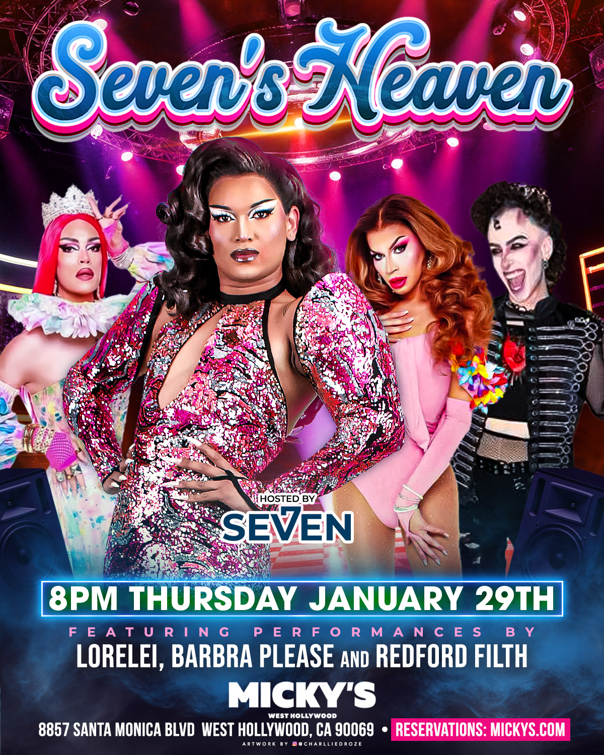 Promotional poster for 'Seven's Heaven' at Micky's West Hollywood, featuring seven, the main host, dressed in a sparkling pink outfit, with performers Lorelei, Barbra Please, and Redford Filth in vibrant costumes. The event details state '8 PM Thursday January 29th' at Micky's, located at 8857 Santa Monica Blvd, West Hollywood, CA 90069.