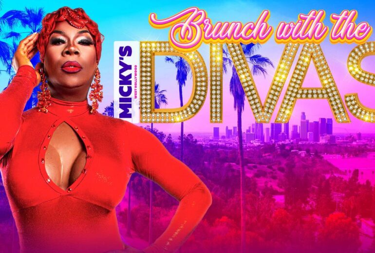 Promotional image for 'Brunch with the Divas' at Micky’s West Hollywood, featuring a drag performer in a sparkling red outfit against a backdrop of Los Angeles skyline and palm trees. The text highlights the event name in bold with shining diamond letters and provides details on the vibrant, inclusive atmosphere.