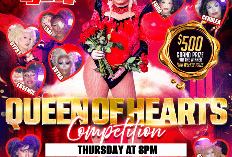 A vibrant red promotional poster for 'Queen of Hearts Competition' at Micky’s West Hollywood. The design features a central drag performer dressed in red holding roses, surrounded by heart-shaped frames with contestant photos and names including Audrey, Nardi, Frida, Cerulea, Staria, Jaysyn, Average, Rare, Adum, Rosa, CC, Essence, Estra, Gypsy, and Tsai. Text highlights that the event is hosted by DIVOS, takes place Thursday at 8PM, and includes a $500 grand prize with a $100 weekly prize. The address 8857 Santa Monica Blvd, West Hollywood, CA 90069 is displayed at the bottom.