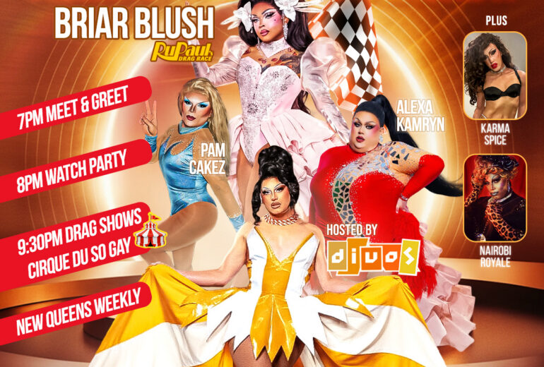 A bold promotional poster for the 'RuPaul’s Drag Race Viewing Party & Aftershow' at Micky’s West Hollywood on Friday, February 6th at 8 PM. The design features Briar Blush centered in a glamorous pink gown, surrounded by Pam Cakez, Alexa Kamryn, Karma Spice, and Nairobi Royale in vibrant drag looks against a warm orange and gold stage-style background. Text highlights include a 7 PM meet and greet, 8 PM watch party, and 9:30 PM drag shows.