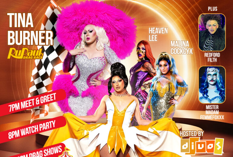 A vibrant promotional poster for RuPaul’s Drag Race Viewing Party and Aftershow: Cirque du So-Gay at Micky’s West Hollywood on Friday, February 13 at 8 PM. The design features bold orange and gold tones with circus-style lighting effects and multiple drag performers in glamorous costumes. Headliner Tina Burner is shown prominently in a sparkling outfit with a large pink feathered headdress. Additional performers are displayed alongside event times including a 7 PM meet and greet, 8 PM watch party, and 9:30 PM drag shows.