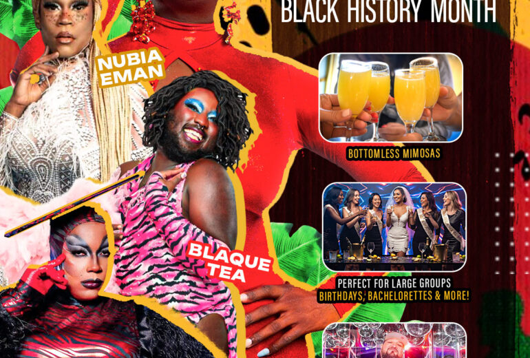 Promotional poster for ‘Brunch with the Divas’ at Micky’s West Hollywood celebrating Black History Month on Saturday, February 28th at 1 PM. The design features host Amber Crane and performers Nubia Eman, Blaque Tea, and Nairobi Royale Jete in bold, colorful styling. Text highlights bottomless mimosas, DJ Paulo Ramirez, and that it’s perfect for large groups like birthdays and bachelorettes. The background uses vibrant red, yellow, green, and black tones.