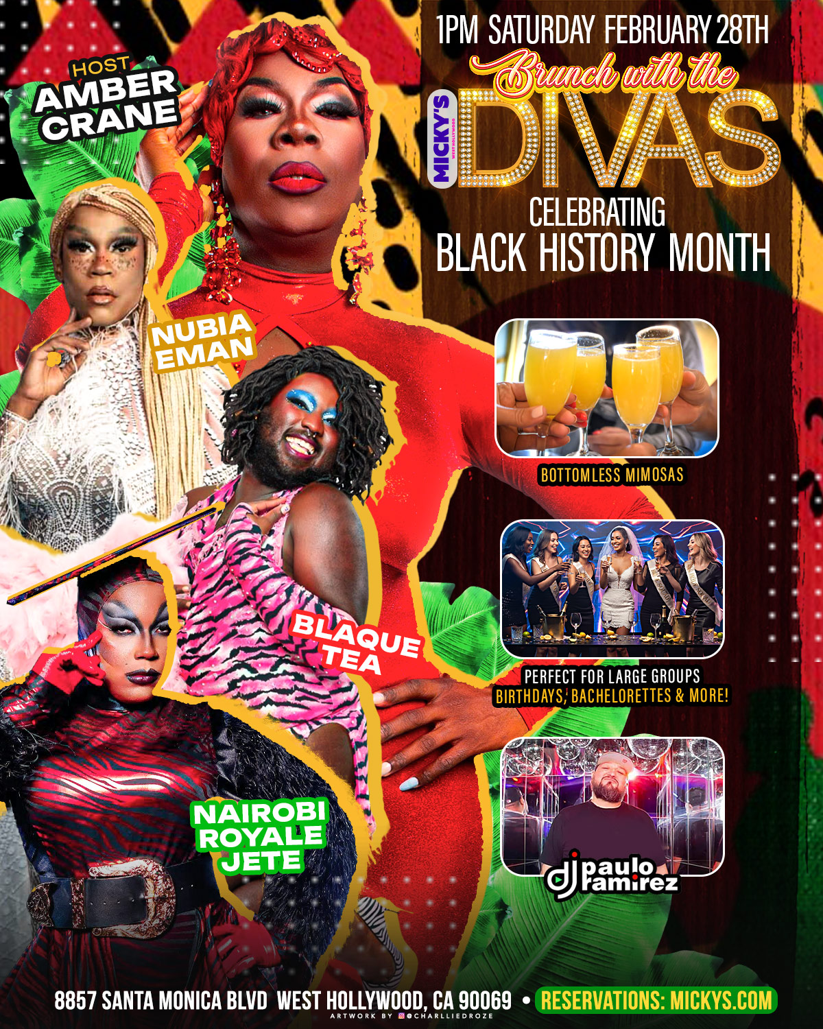 Promotional poster for ‘Brunch with the Divas’ at Micky’s West Hollywood celebrating Black History Month on Saturday, February 28th at 1 PM. The design features host Amber Crane and performers Nubia Eman, Blaque Tea, and Nairobi Royale Jete in bold, colorful styling. Text highlights bottomless mimosas, DJ Paulo Ramirez, and that it’s perfect for large groups like birthdays and bachelorettes. The background uses vibrant red, yellow, green, and black tones.