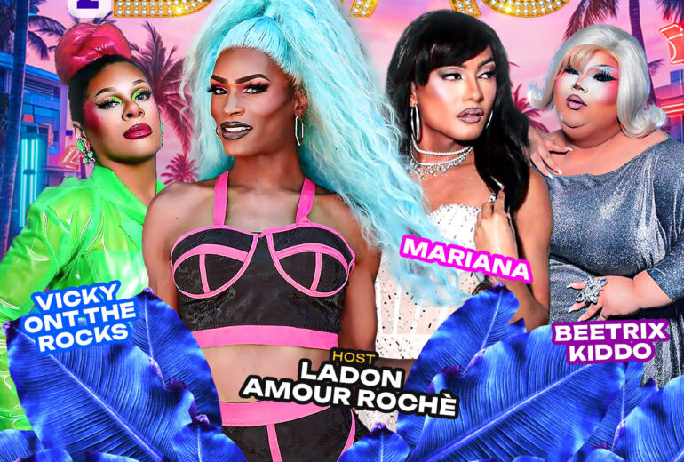 A colorful promotional poster for 'Brunch with the Divas' at Micky’s West Hollywood on Saturday, February 21st at 1PM. The design features four drag performers—Vicky On The Rocks, host Ladon Amour Rochè, Mariana, and Beetriz Kiddo—posed in glamorous outfits against a tropical palm tree sunset background. The title 'Divas' appears in large gold marquee-style letters. The poster highlights bottomless mimosas, large group celebrations, and music by DJ Paulo Ramirez, along with the venue address at 8857 Santa Monica Blvd in West Hollywood.