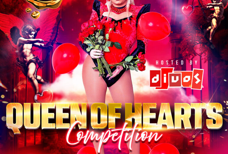 A red and gold promotional poster for 'Queen of Hearts Competition' at Micky’s West Hollywood, presented by Divos. The design features a drag performer in a red bodysuit holding roses and surrounded by red balloons and cupid imagery. Text highlights a $500 grand prize and $100 weekly prize. The event is hosted by Divos and takes place at 8857 Santa Monica Blvd, West Hollywood, CA 90069.