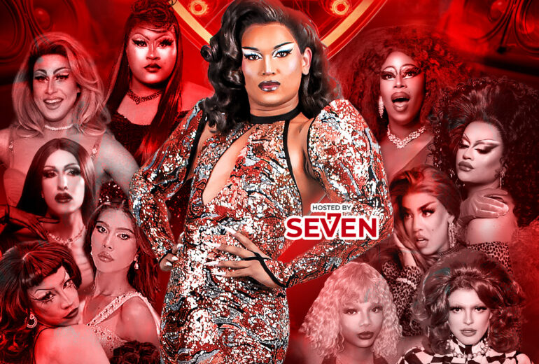 A bold red promotional poster for 'Seven’s Heaven Presents: The Baddie of Dallas Competition' at Micky’s West Hollywood. The image features a central drag performer in a sparkling red outfit surrounded by multiple glamorous drag artists, with heart-shaped speaker graphics in the background. Event details read 8 PM Thursday February 5th at Micky’s, located at 8857 Santa Monica Blvd, West Hollywood.