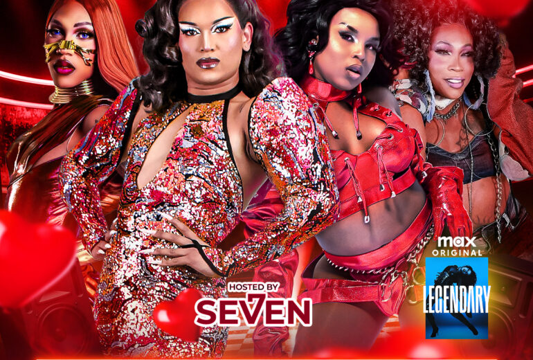 A Valentine-themed promotional poster for 'Seven’s Heaven' at Micky’s West Hollywood. The image features four drag performers dressed in red and sparkling outfits against a heart-filled red background. Text highlights include 'Hosted by Seven,' '8 PM Saturday February 14th,' and featured performances by Heaven Lee, Calypso Jetè Balmain, and Porshaa Lejayy. The venue address and reservation website are displayed at the bottom.