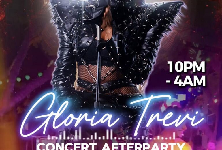 A promotional poster for the Gloria Trevi Concert Afterparty at Micky’s West Hollywood on Saturday, February 28th from 10 PM to 4 AM. The design features a glamorous female performer in a black studded outfit singing into a microphone against red stage curtains, with a neon-style 'Gloria Trevi' title and a vibrant crowd dancing below. The Micky’s West Hollywood logo appears at the bottom.