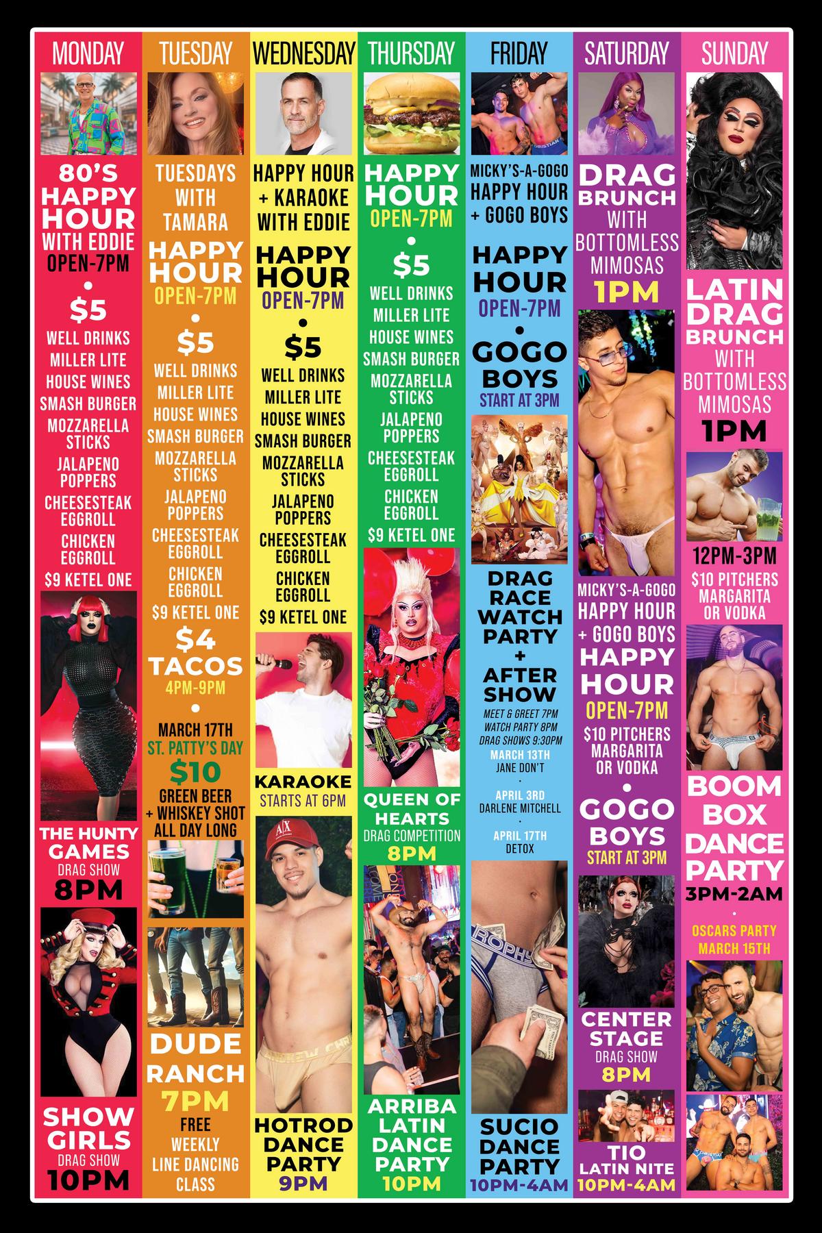 A colorful weekly events poster for Micky’s West Hollywood highlighting themed nights from Monday to Sunday. The Sunday section features 'Oscars Party March 15th' and 'Boom Box Dance Party 3PM–2AM,' with photos of go-go dancers and partygoers. Text also advertises $10 pitchers from 12PM–3PM and Latin Drag Brunch with bottomless mimosas earlier in the day.