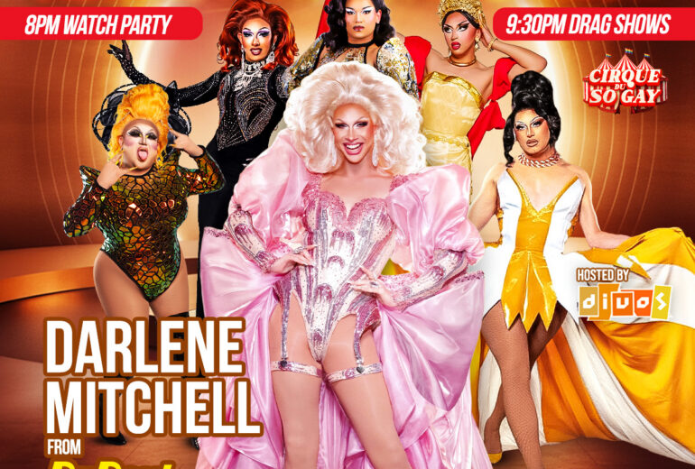 A vibrant promotional poster for RuPaul’s Drag Race Viewing Party & Aftershow at Micky’s West Hollywood on Friday, April 3rd at 8PM. The design features multiple drag performers in glamorous costumes against a golden stage-style background. Large text highlights ‘Viewing Party & Aftershow,’ with 8PM Watch Party and 9:30PM Drag Shows. Darlene Mitchell is prominently featured, along with performances by Laylah Amor, Angelique Devereaux, Seven, and Thai Teaze. Hosted by DjVos. Venue address listed as 8857 Santa Monica Blvd, West Hollywood, CA 90069.
