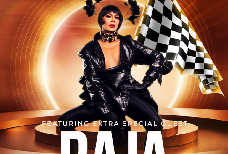 Promotional poster for RuPaul’s Drag Race Viewing Party and Aftershow at Micky’s West Hollywood on Friday, March 20 at 8PM, featuring special guest Raja. The design shows a glamorous drag performer in a black outfit seated in front of a glowing orange backdrop with a race flag, with bold white text highlighting the event details and the Micky’s address.