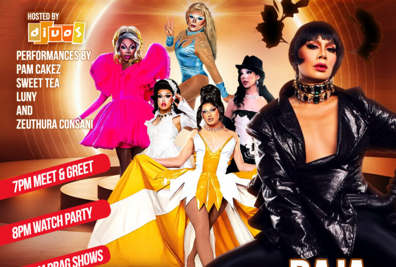 Promotional poster for RuPaul’s Drag Race Viewing Party and Aftershow at Micky’s West Hollywood on Friday, March 20th at 8PM. The design features Raja from RuPaul’s Drag Race in a black outfit in the foreground, with multiple drag performers in colorful costumes behind her. Event details include a 7PM meet and greet, 8PM watch party, and 9:30PM drag shows. Hosted by DJ Joos with performances by Pam Cakez, Sweet Tea, Luny, and Zeuthura Consani. Location listed as 8857 Santa Monica Blvd, West Hollywood, CA 90069.