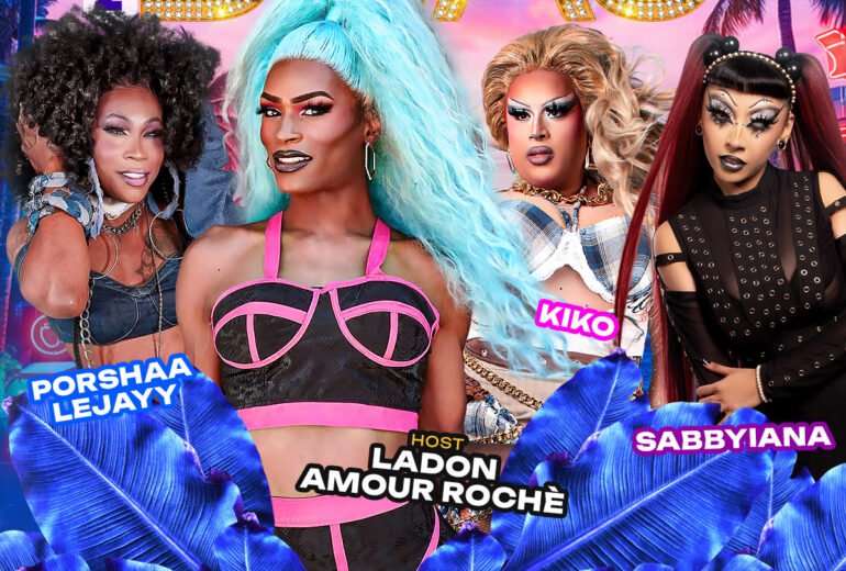 Promotional poster for 'Brunch with the Divas' at Micky’s West Hollywood on Saturday, March 7th at 1 PM. The design features a tropical sunset background with palm trees and four drag performers: host Ladon Amour Rochè in a turquoise wig at center, alongside Porshaa Lejayy, Kiko, and Sabbyiana. Text highlights bottomless mimosas, large group celebrations like birthdays and bachelorettes, music by DJ Paulo Ramirez, and the venue address at 8857 Santa Monica Blvd in West Hollywood.