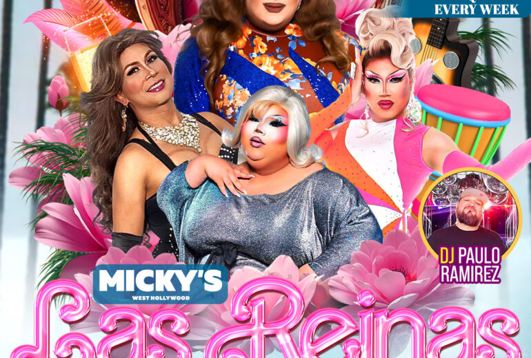 Promotional poster for 'Las Reinas Latin Drag Brunch' at Micky’s West Hollywood on Sunday, March 8th at 1PM. The design features four glamorous drag performers surrounded by pink flowers and tropical elements, with a large ornate throne and a toucan in the background. Text highlights bottomless drink options, perfect for big groups, and new drag queens every week. Hosted by Robbie Osa with performances by Amazona, Beatrix Kiddo, and Natasha Hundreds, and music by DJ Paulo Ramirez. The venue address 8857 Santa Monica Blvd, West Hollywood, CA 90069 and reservation info at mickys.com are included.