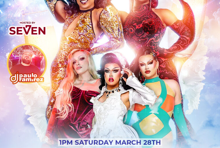 A vibrant promotional poster for Seven’s Heaven Brunch at Micky’s West Hollywood featuring glamorous drag performers in bold, colorful looks against a heavenly cloud background. The event takes place at 1 PM on Saturday, March 28th, and is hosted by Seven with special guest Prince Marell from Drag Race Philippines, plus performances by Trita Wright, Luny, and Daphne Summers Ferragamo, with music by DJ Paulo Ramirez.