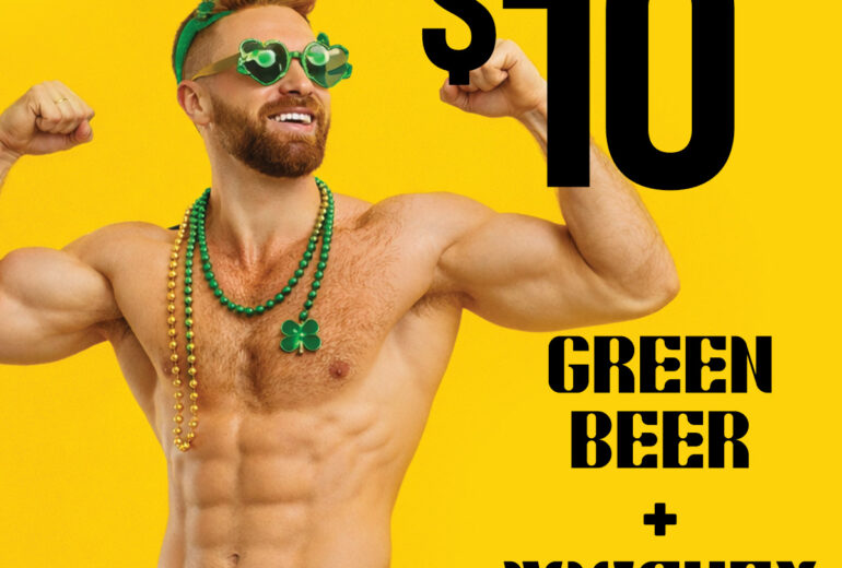 A bright yellow promotional poster for St. Patrick’s Day at Micky’s West Hollywood on March 17th. The image features a muscular person wearing green shorts, green bead necklaces, shamrock accessories, and heart-shaped green glasses, posing against a yellow background. Large text reads '$10 Green Beer + Whiskey Shot All Day Long.' The address 8857 Santa Monica Blvd, West Hollywood, CA 90069 and reservations at mickys.com are listed at the bottom.