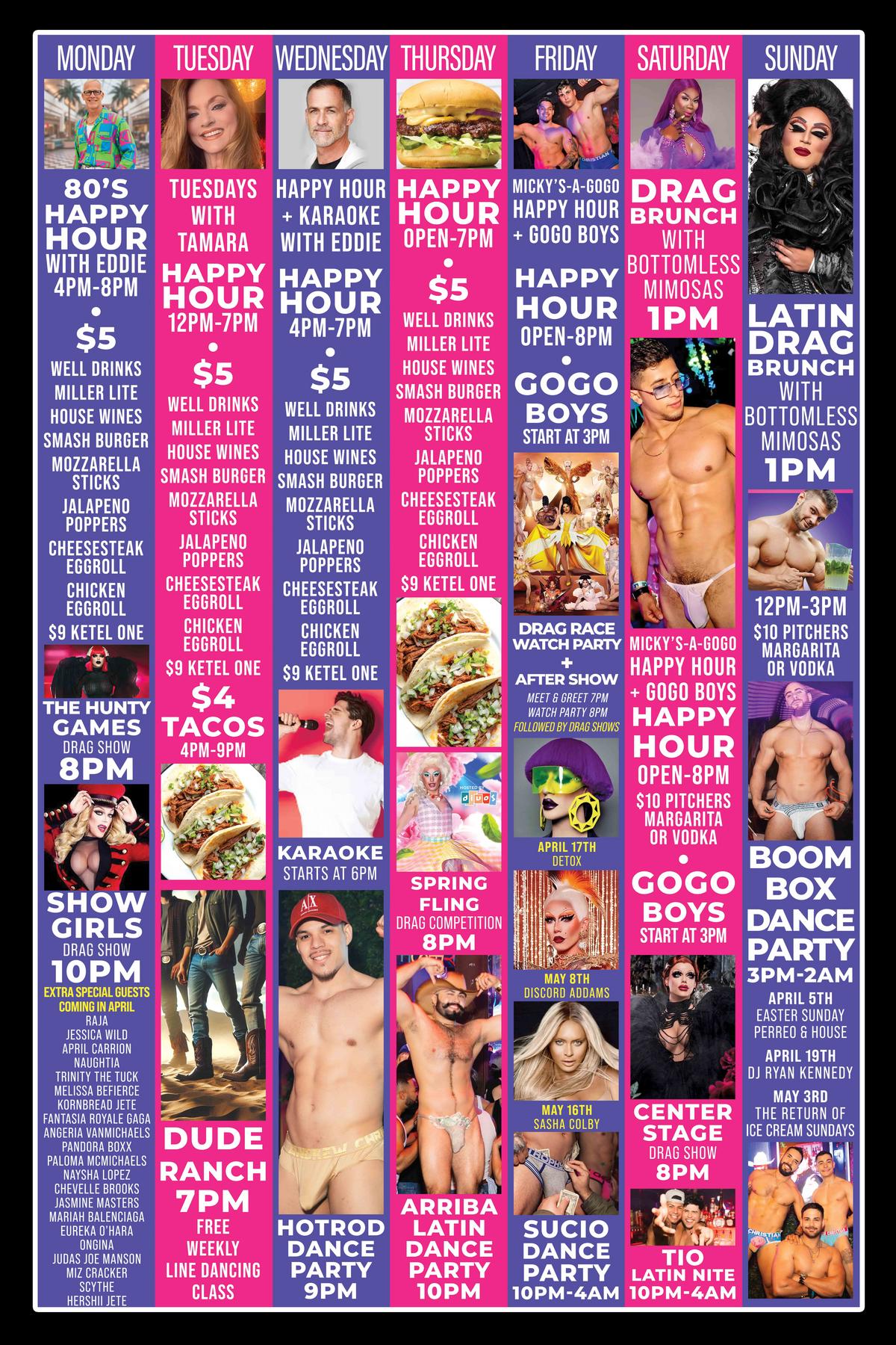 Weekly lineup poster for Micky's West Hollywood featuring Wednesday Happy Hour + Karaoke with Eddie. Text highlights Happy Hour 4PM-7PM with $5 well drinks, Miller Lite, and house wines, plus food specials. Karaoke starts at 6PM, followed by HotRod Dance Party at 9PM. Bright pink and purple design with performer photos and food images.