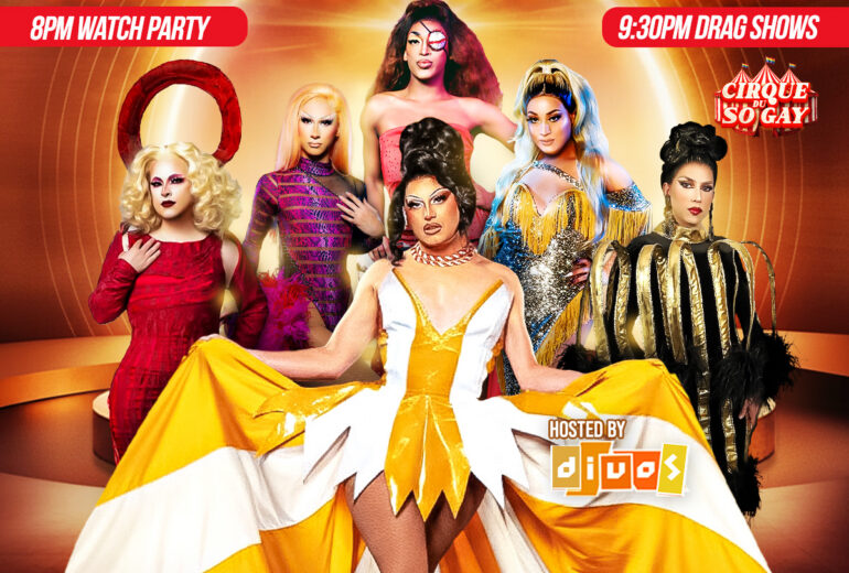 Promotional poster for RuPaul’s Drag Race Viewing Party & Aftershow at Micky’s West Hollywood on Friday, April 10 at 8PM. The design features multiple drag performers in glamorous costumes against a glowing orange background. Text highlights an 8PM watch party and 9:30PM drag shows, hosted by DJ Duo, with performances by Spooky Darling, Cesilia, Tsai-Clops, Malina Cockcyx, and Katrina Chimera. Venue address listed as 8857 Santa Monica Blvd, West Hollywood, CA 90069.